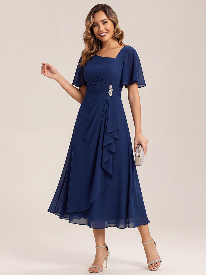 ever LILOU| Pleated Chiffon Ruffle Sleeve Wedding Guest Dress