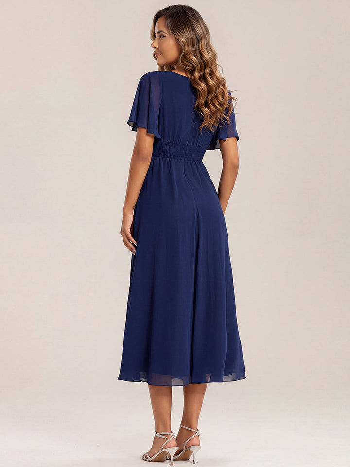 ever LILOU| Pleated Chiffon Ruffle Sleeve Wedding Guest Dress