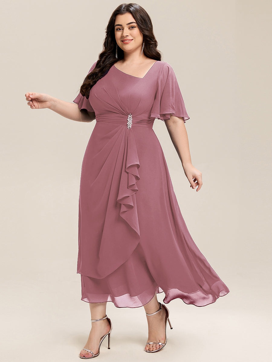 ever LILOU| Pleated Chiffon Ruffle Sleeve Wedding Guest Dress