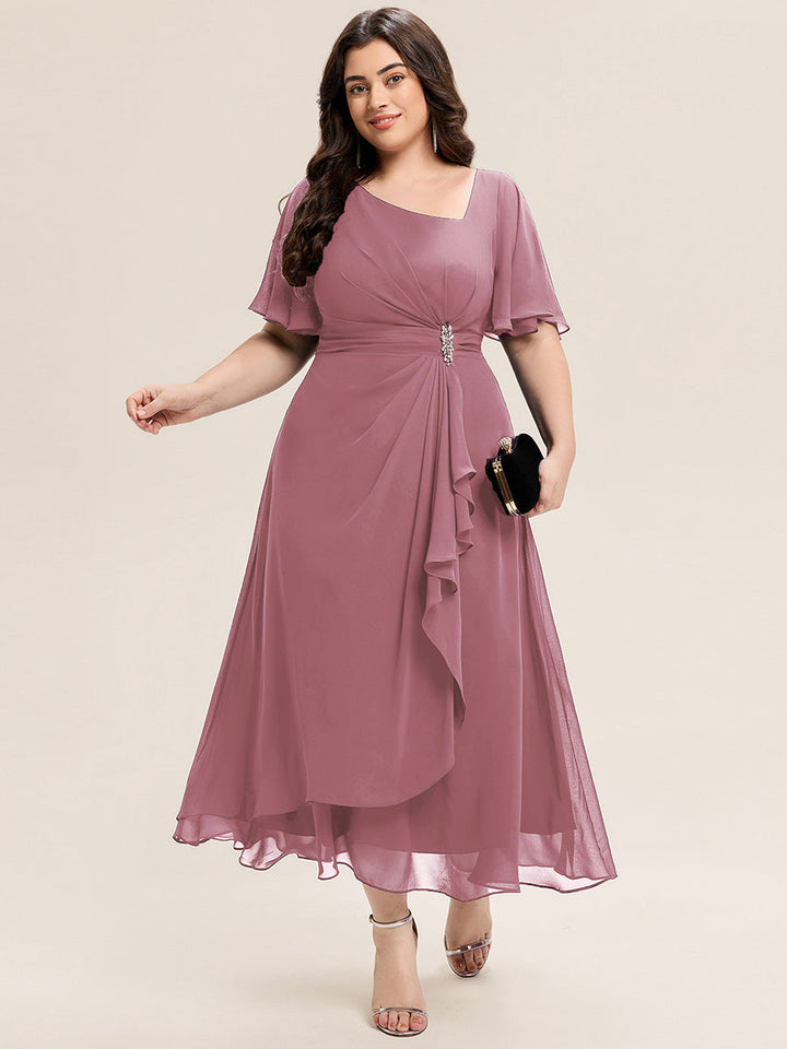 ever LILOU| Pleated Chiffon Ruffle Sleeve Wedding Guest Dress