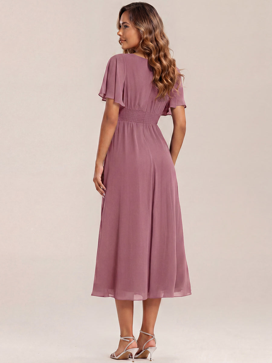 ever LILOU| Pleated Chiffon Ruffle Sleeve Wedding Guest Dress