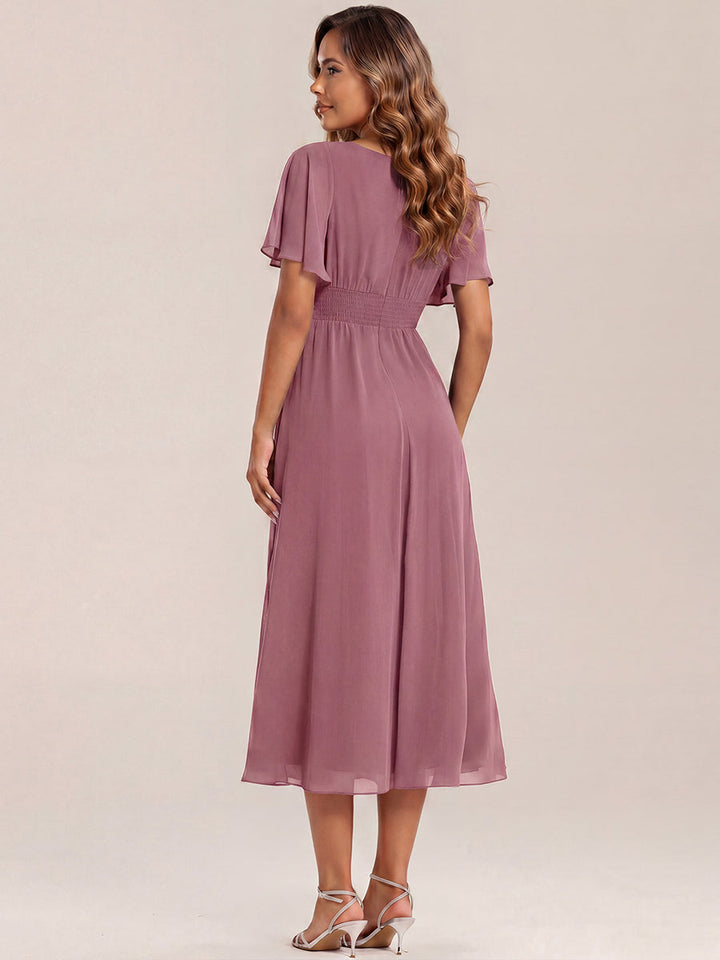 ever LILOU| Pleated Chiffon Ruffle Sleeve Wedding Guest Dress
