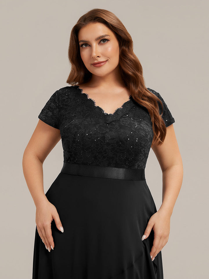 Deep V-Neck Lace Cap Sleeve Evening Dress