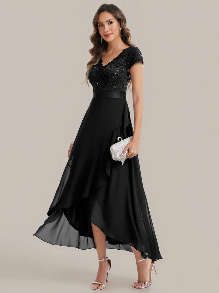 Deep V-Neck Lace Cap Sleeve Evening Dress