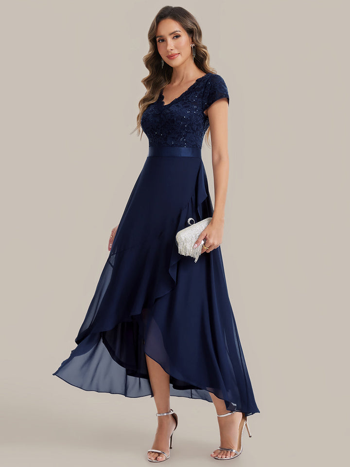 Deep V-Neck Lace Cap Sleeve Evening Dress