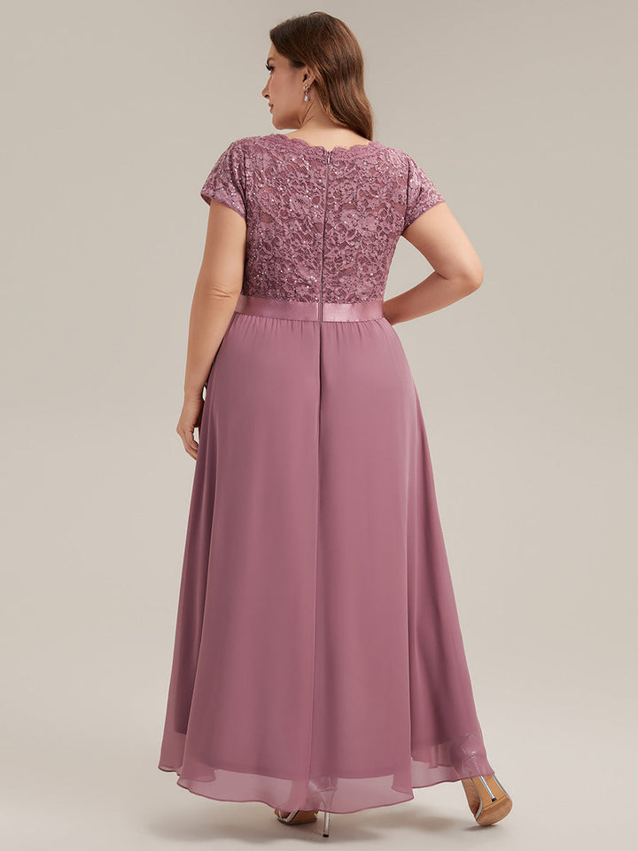 Deep V-Neck Lace Cap Sleeve Evening Dress