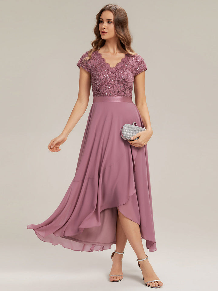 Deep V-Neck Lace Cap Sleeve Evening Dress