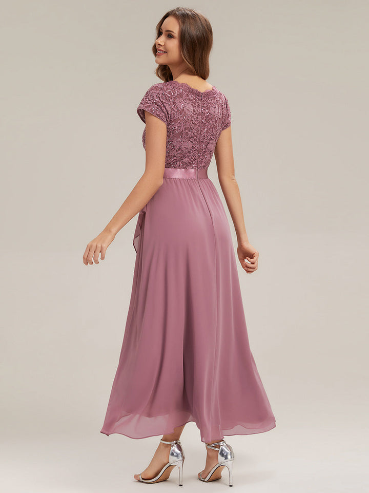 Deep V-Neck Lace Cap Sleeve Evening Dress