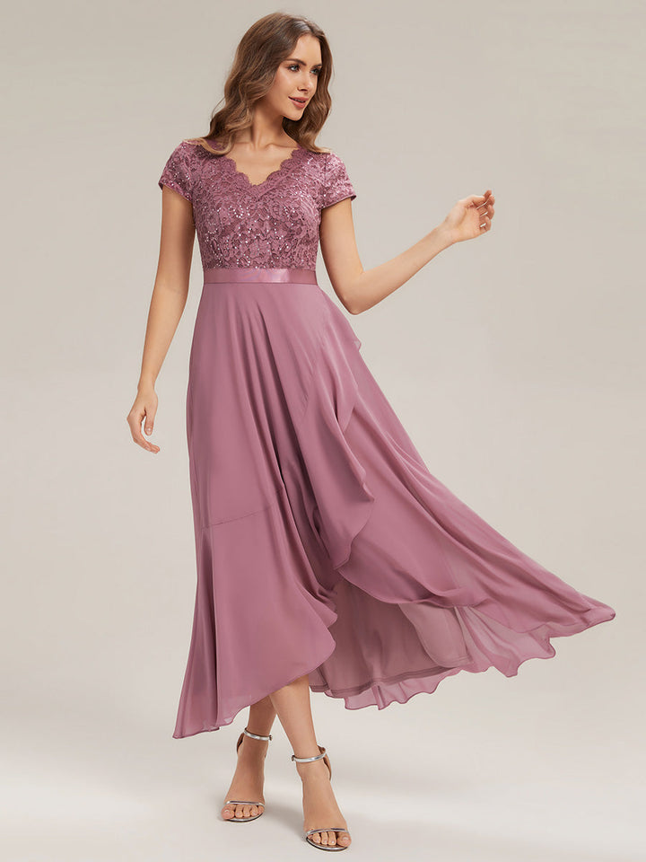 Deep V-Neck Lace Cap Sleeve Evening Dress