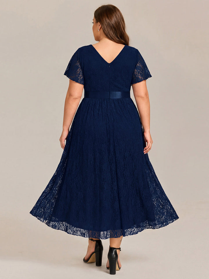 pretty SEVYN|Plus Size Ruffled Sleeve Empire Waist Lace Wedding Guest Dress