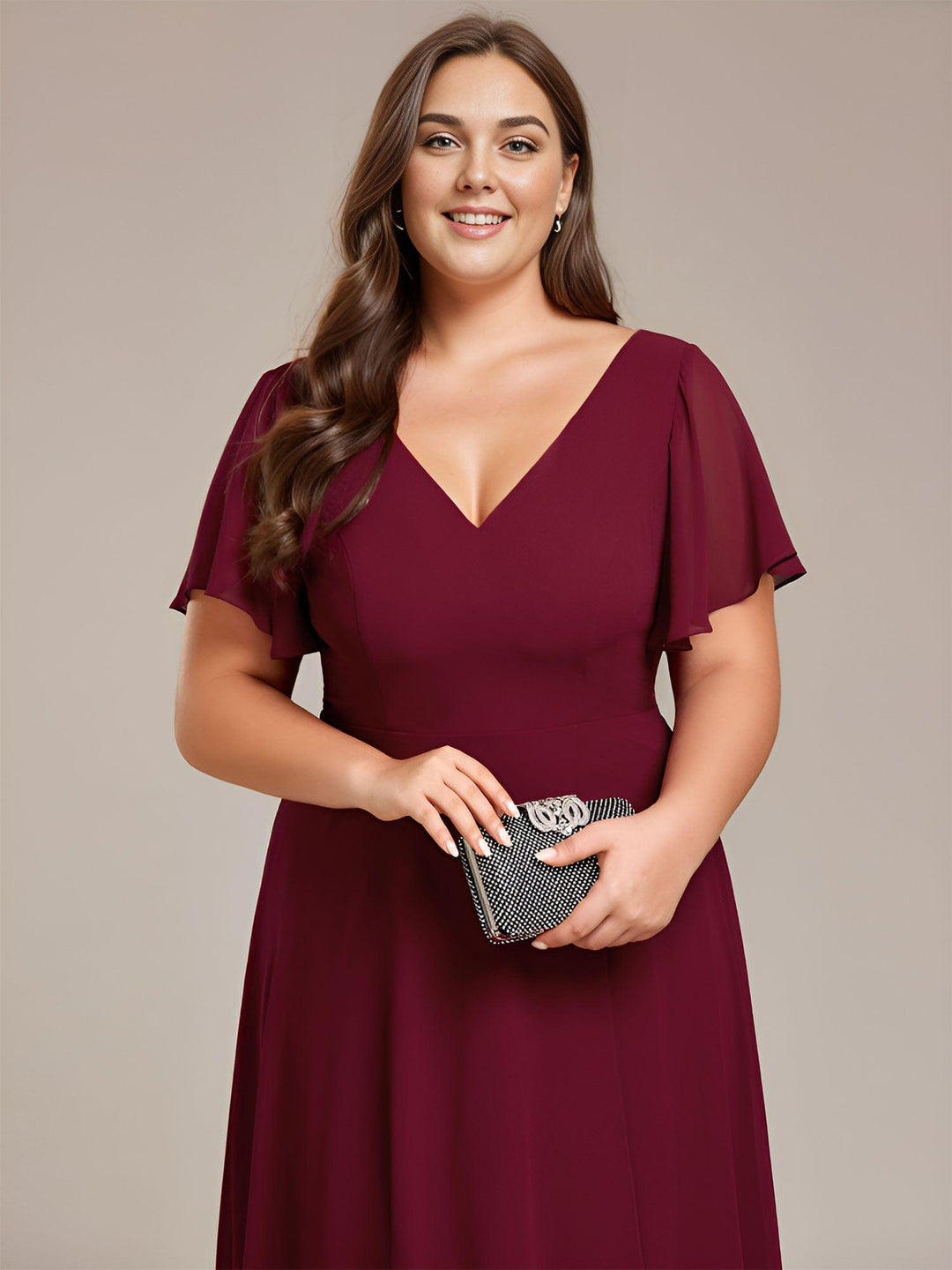 ever AALIA|Flowing Chiffon V-Neck Ruffle Sleeves Wedding Guest Dress