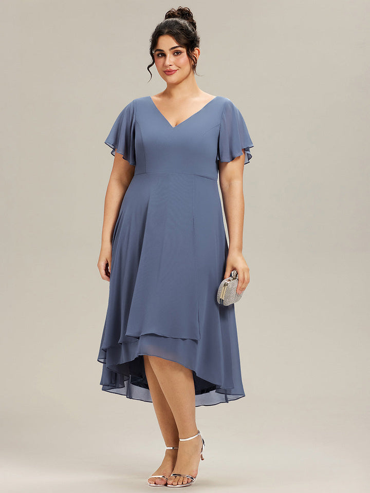 ever AALIA|Flowing Chiffon V-Neck Ruffle Sleeves Wedding Guest Dress