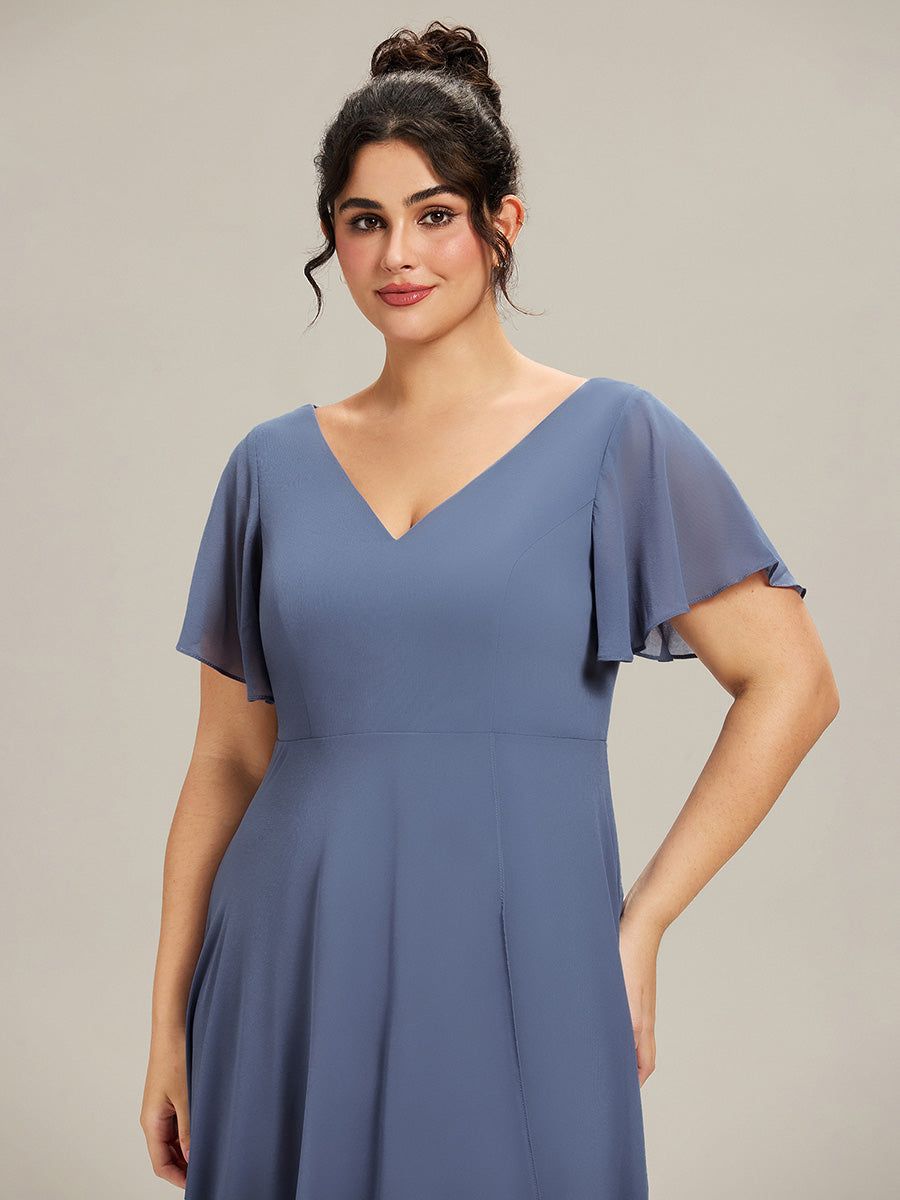 ever AALIA|Flowing Chiffon V-Neck Ruffle Sleeves Wedding Guest Dress