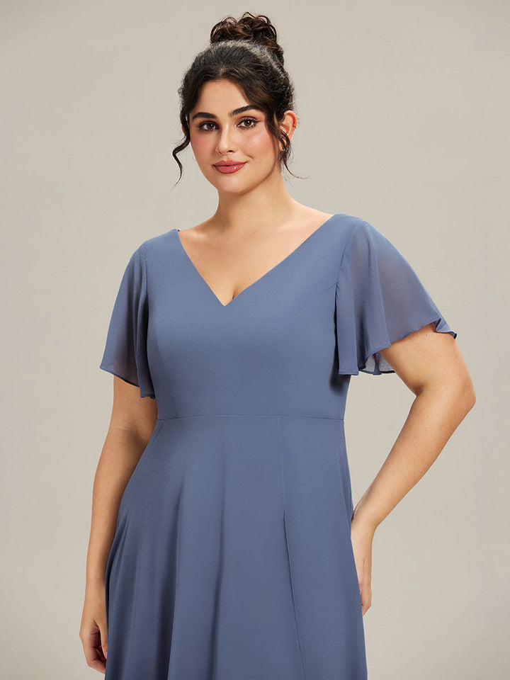 ever AALIA|Flowing Chiffon V-Neck Ruffle Sleeves Wedding Guest Dress