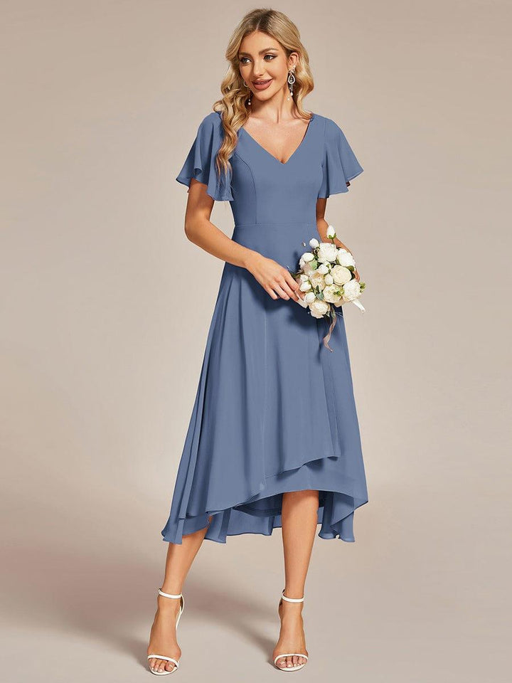 ever AALIA|Flowing Chiffon V-Neck Ruffle Sleeves Wedding Guest Dress