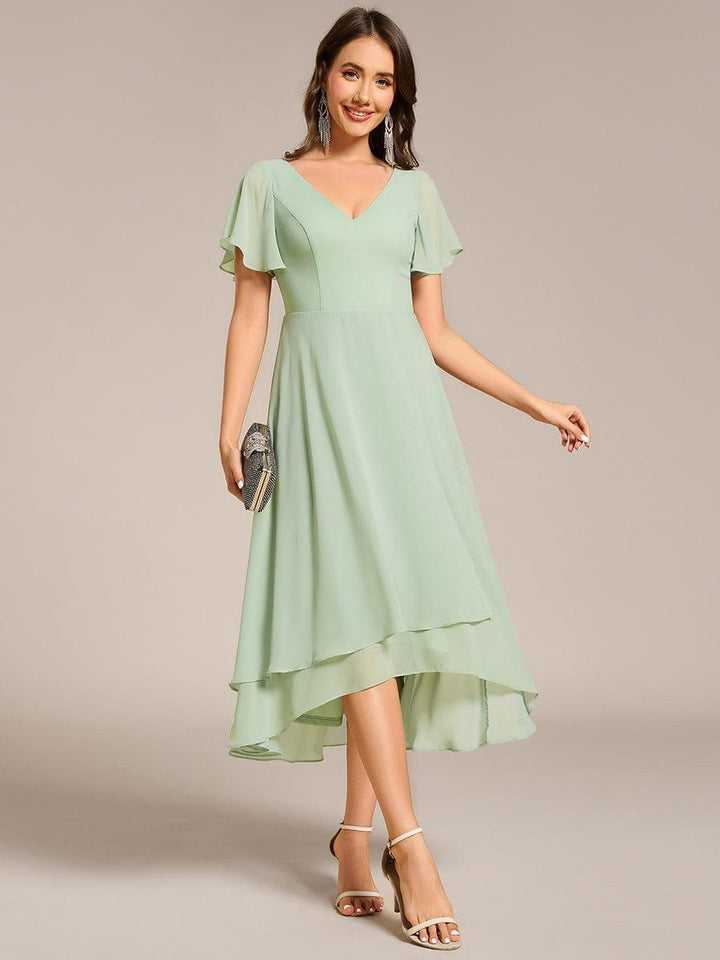 ever AALIA|Flowing Chiffon V-Neck Ruffle Sleeves Wedding Guest Dress