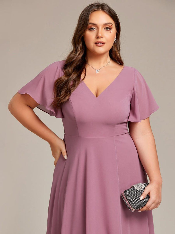 ever AALIA|Flowing Chiffon V-Neck Ruffle Sleeves Wedding Guest Dress