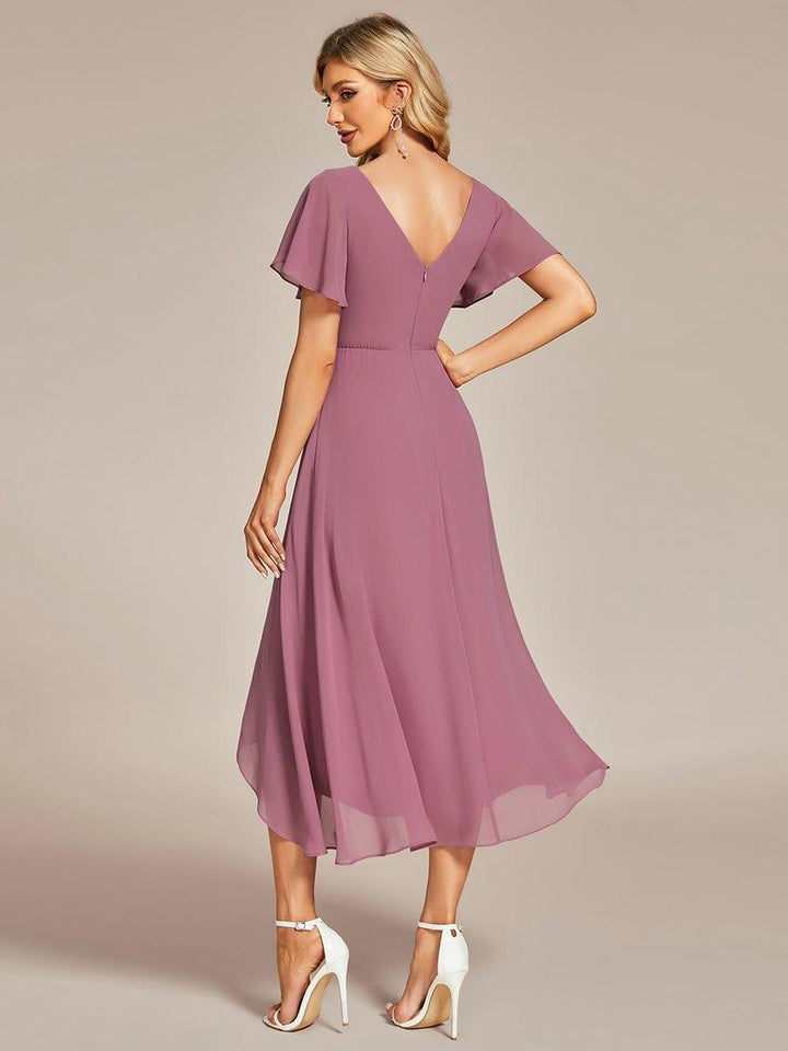 ever AALIA|Flowing Chiffon V-Neck Ruffle Sleeves Wedding Guest Dress
