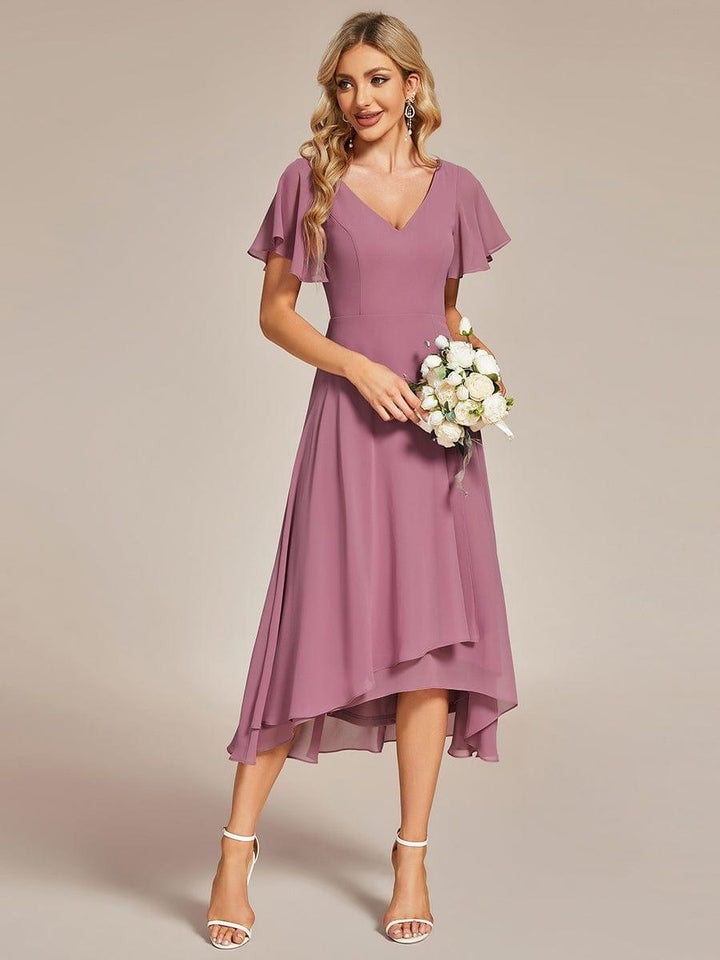ever AALIA|Flowing Chiffon V-Neck Ruffle Sleeves Wedding Guest Dress