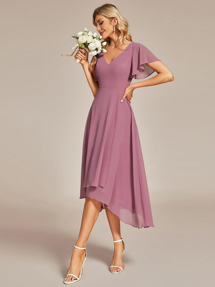 ever AALIA|Flowing Chiffon V-Neck Ruffle Sleeves Wedding Guest Dress