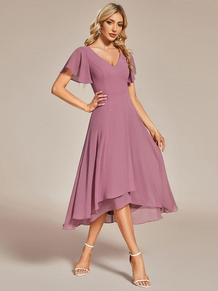 ever AALIA|Flowing Chiffon V-Neck Ruffle Sleeves Wedding Guest Dress