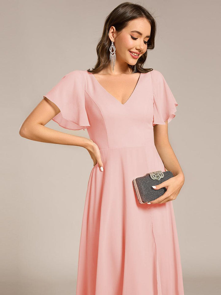 ever AALIA|Flowing Chiffon V-Neck Ruffle Sleeves Wedding Guest Dress