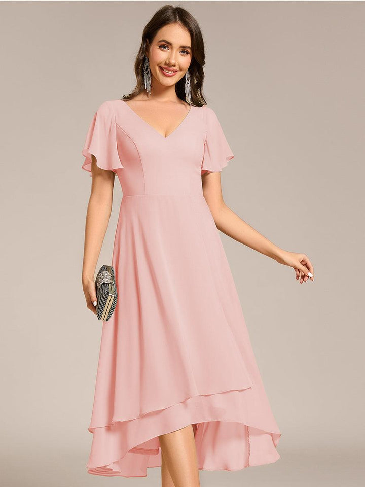 ever AALIA|Flowing Chiffon V-Neck Ruffle Sleeves Wedding Guest Dress
