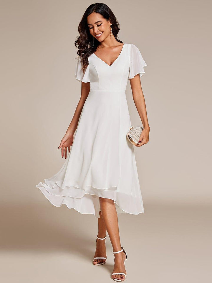 ever AALIA|Flowing Chiffon V-Neck Ruffle Sleeves Wedding Guest Dress