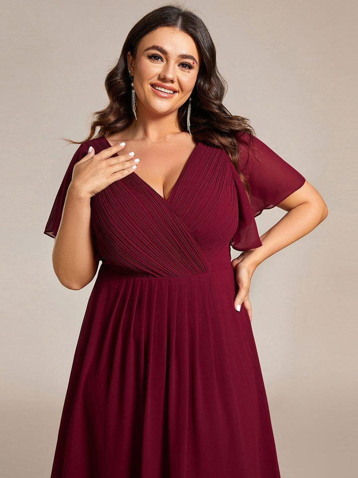 pretty FAYE|Plus Size Double V-Neck Ruffles Sleeve Chiffon Midi Wedding Guest Dress