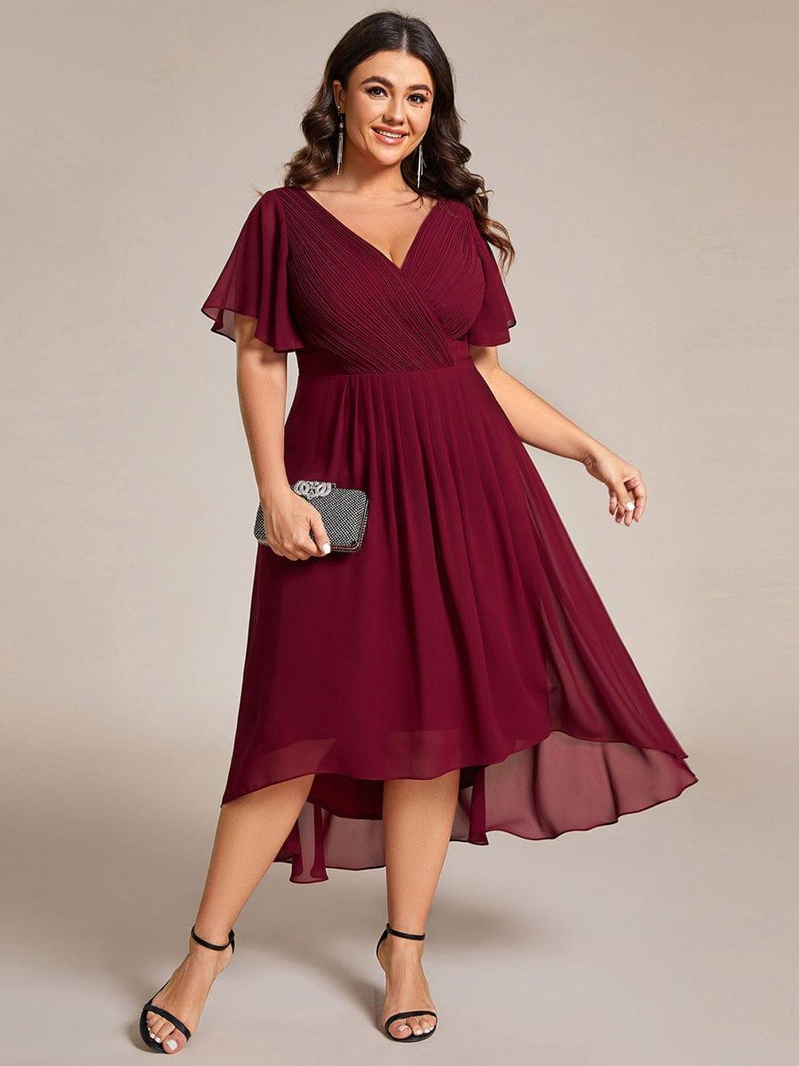 pretty FAYE|Plus Size Double V-Neck Ruffles Sleeve Chiffon Midi Wedding Guest Dress
