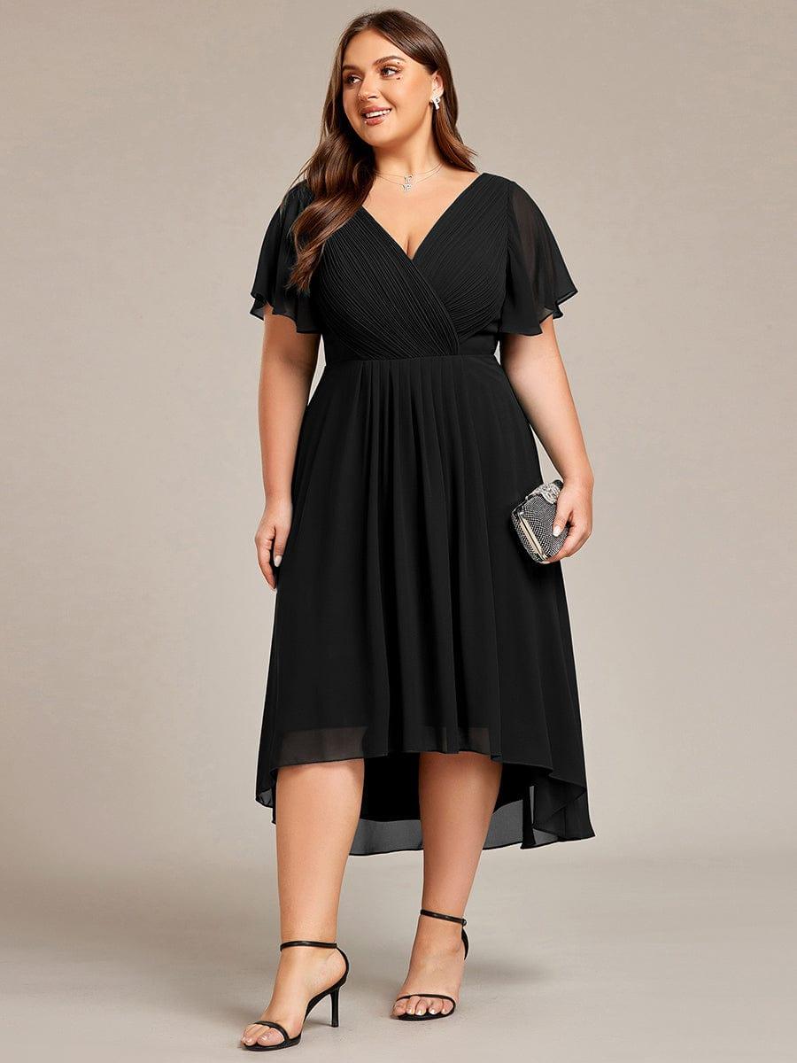 pretty FAYE|Plus Size Double V-Neck Ruffles Sleeve Chiffon Midi Wedding Guest Dress