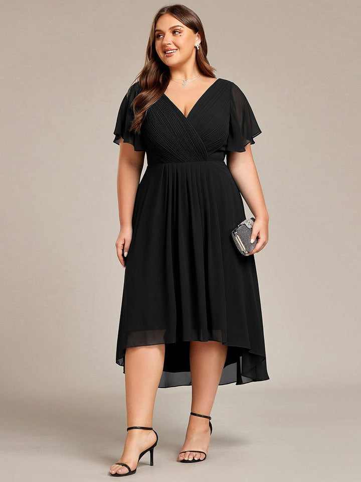 pretty FAYE|Plus Size Double V-Neck Ruffles Sleeve Chiffon Midi Wedding Guest Dress