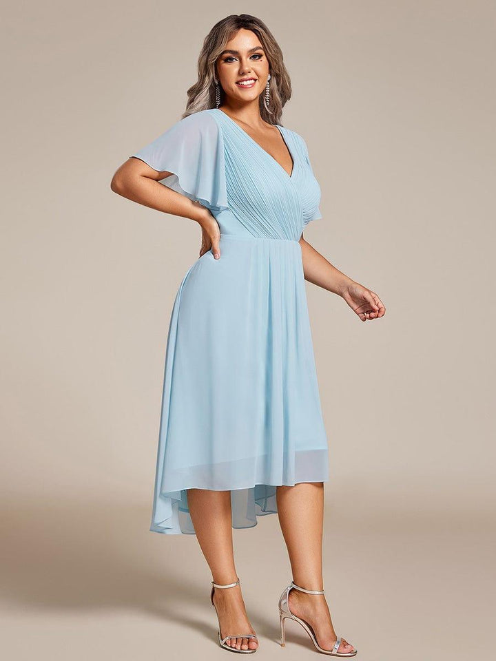 pretty FAYE|Plus Size Double V-Neck Ruffles Sleeve Chiffon Midi Wedding Guest Dress