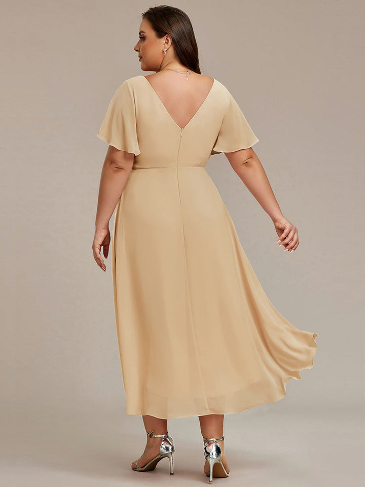 pretty FAYE|Plus Size Double V-Neck Ruffles Sleeve Chiffon Midi Wedding Guest Dress