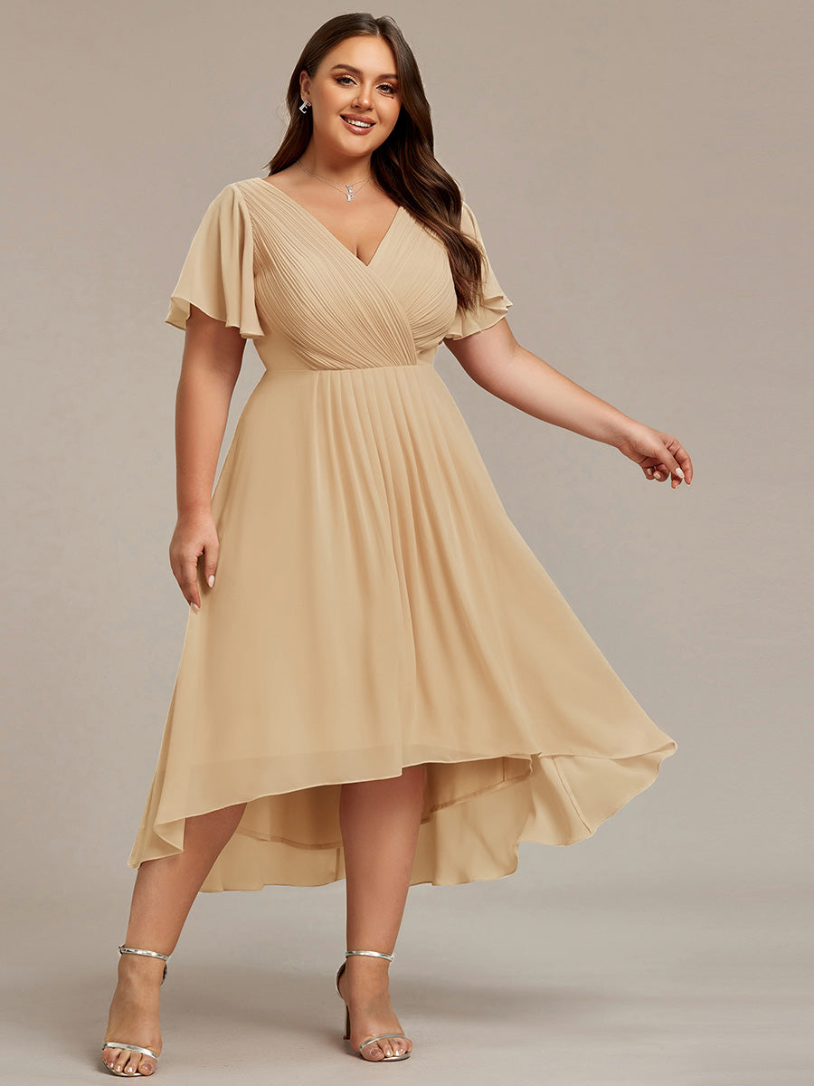 pretty FAYE|Plus Size Double V-Neck Ruffles Sleeve Chiffon Midi Wedding Guest Dress