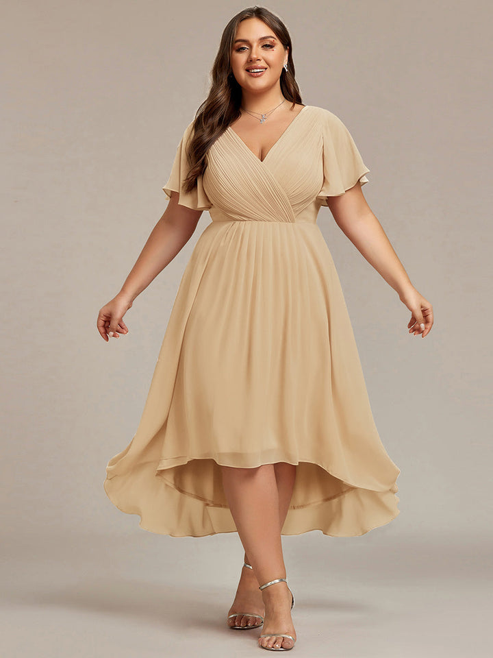ever FAYE|Elegant V-Neck Flowy High-Low Short Sleeve Wedding Guest Dress