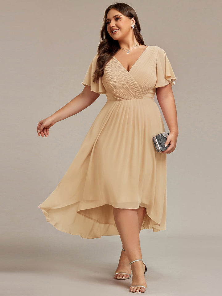 pretty FAYE|Plus Size Double V-Neck Ruffles Sleeve Chiffon Midi Wedding Guest Dress