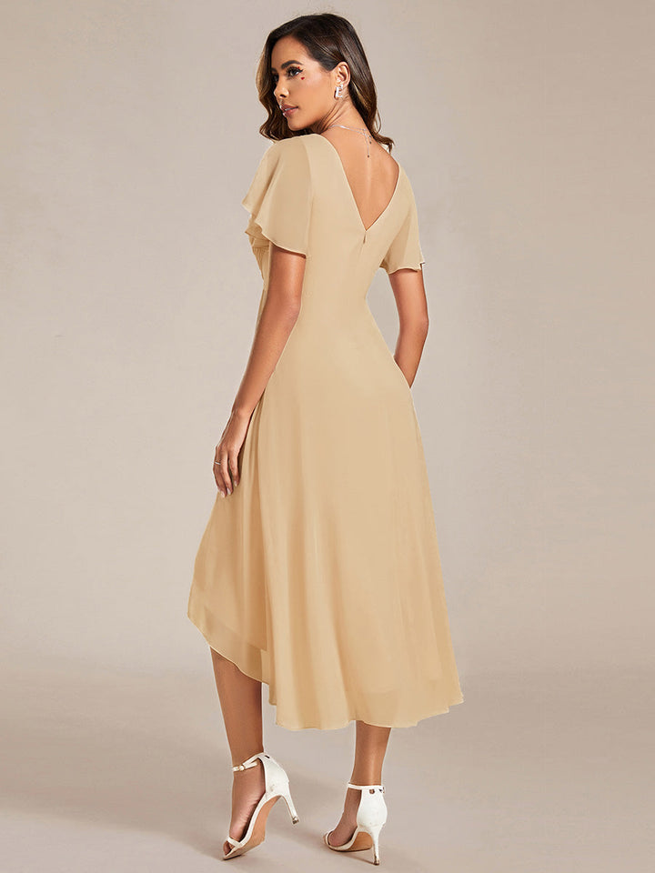 ever FAYE|Elegant V-Neck Flowy High-Low Short Sleeve Wedding Guest Dress