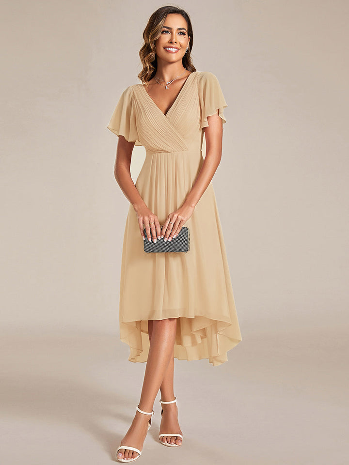 ever FAYE|Elegant V-Neck Flowy High-Low Short Sleeve Wedding Guest Dress