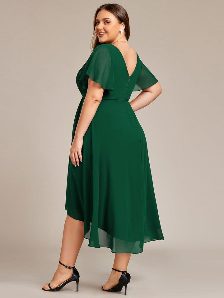 pretty FAYE|Plus Size Double V-Neck Ruffles Sleeve Chiffon Midi Wedding Guest Dress