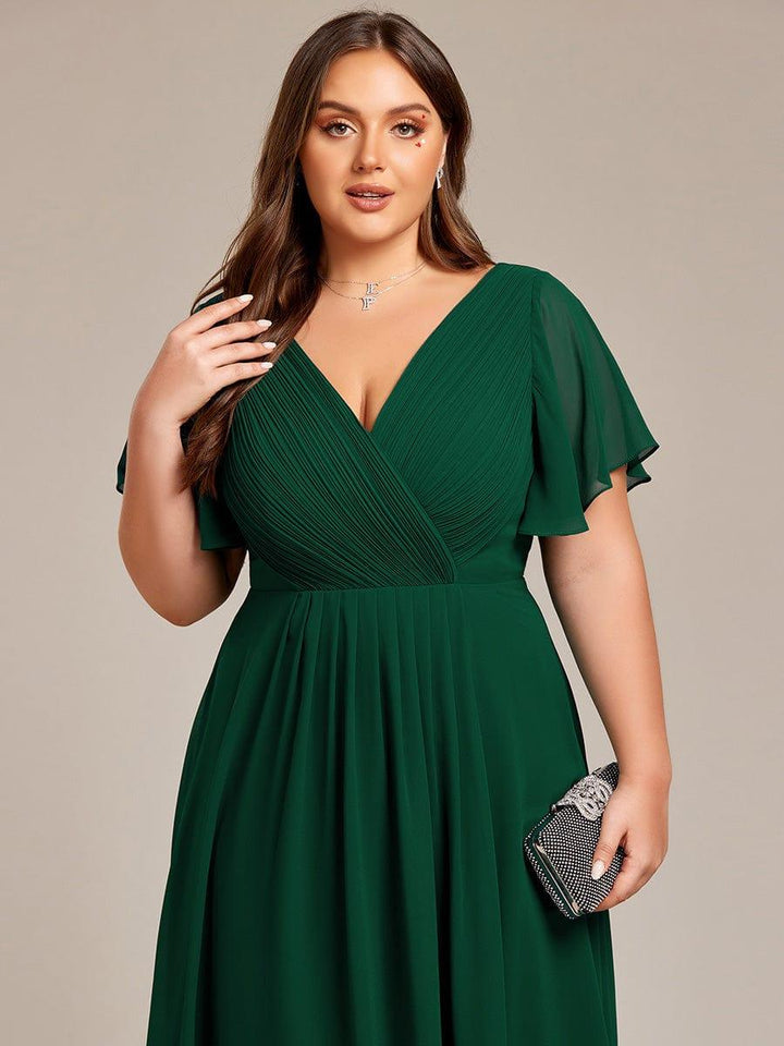 pretty FAYE|Plus Size Double V-Neck Ruffles Sleeve Chiffon Midi Wedding Guest Dress