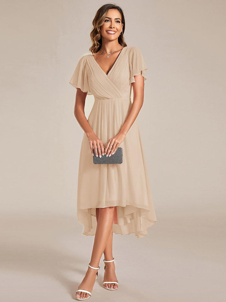 ever FAYE|Chic V Neck High-Low Short Sleeve Wedding Guest Dress