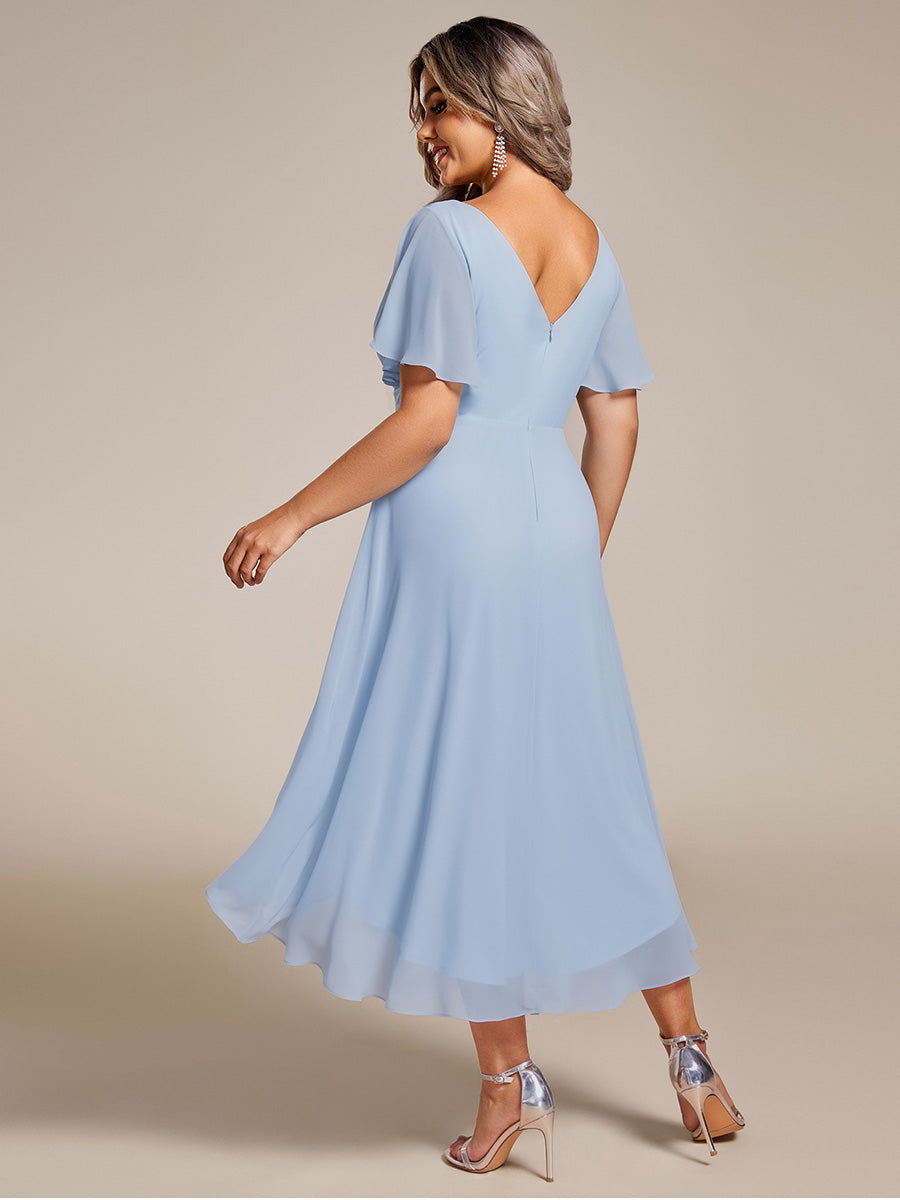 pretty FAYE|Plus Size Double V-Neck Ruffles Sleeve Chiffon Midi Wedding Guest Dress