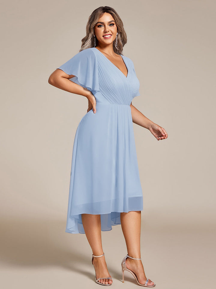 pretty FAYE|Plus Size Double V-Neck Ruffles Sleeve Chiffon Midi Wedding Guest Dress