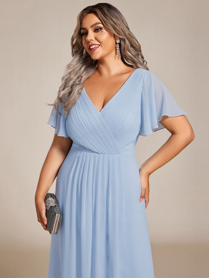 pretty FAYE|Plus Size Double V-Neck Ruffles Sleeve Chiffon Midi Wedding Guest Dress