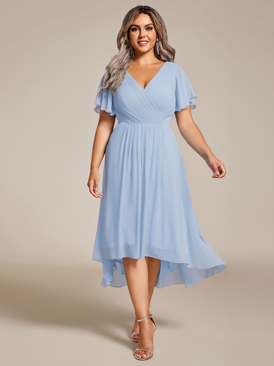 pretty FAYE|Plus Size Double V-Neck Ruffles Sleeve Chiffon Midi Wedding Guest Dress