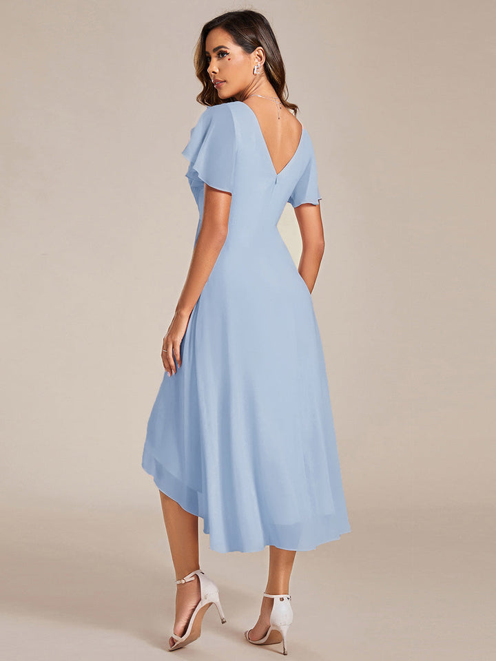 ever FAYE|Elegant V-Neck Flowy High-Low Short Sleeve Wedding Guest Dress