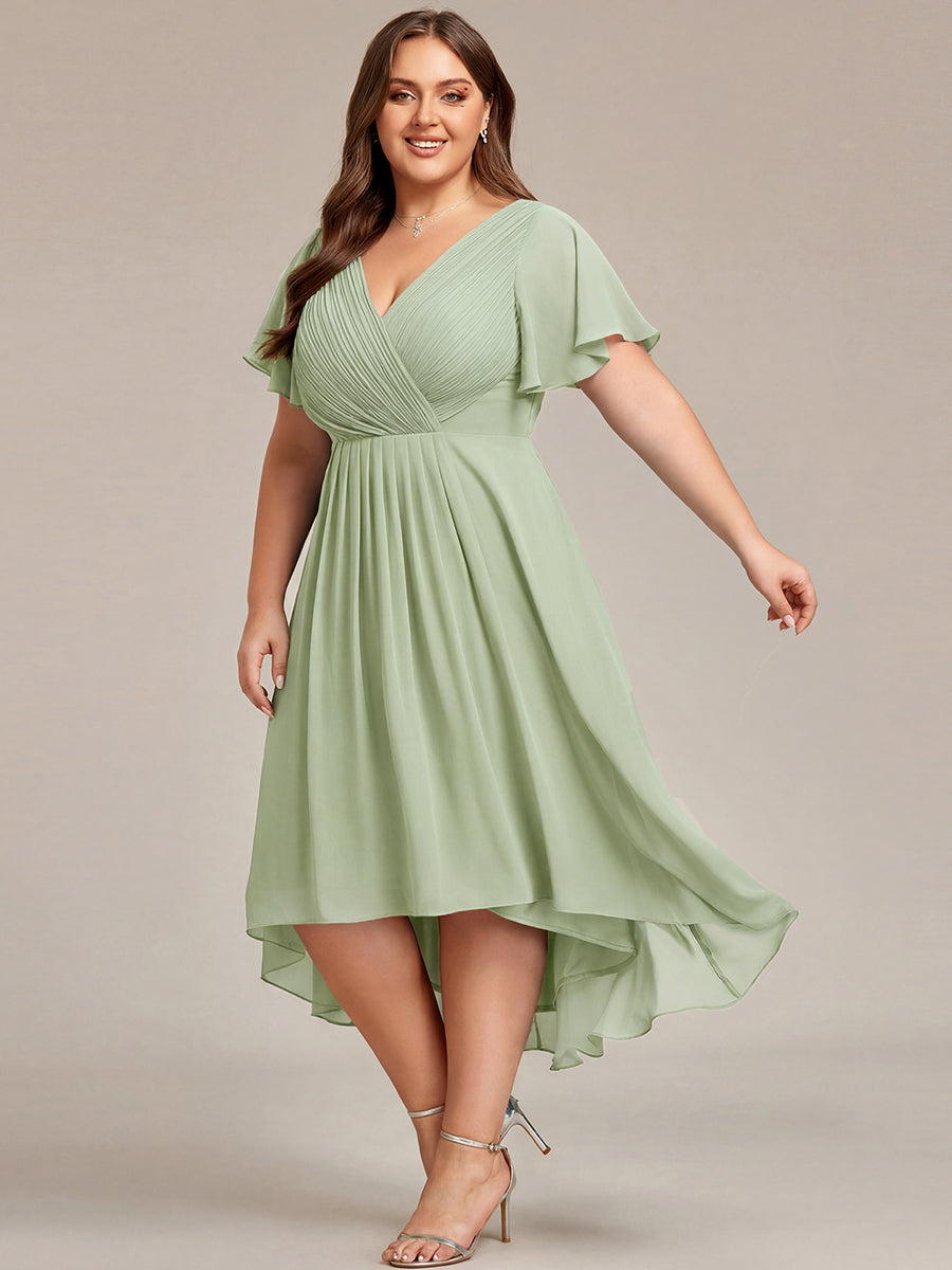 pretty FAYE|Plus Size Double V-Neck Ruffles Sleeve Chiffon Midi Wedding Guest Dress