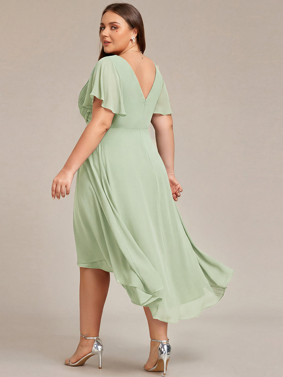 pretty FAYE|Plus Size Double V-Neck Ruffles Sleeve Chiffon Midi Wedding Guest Dress