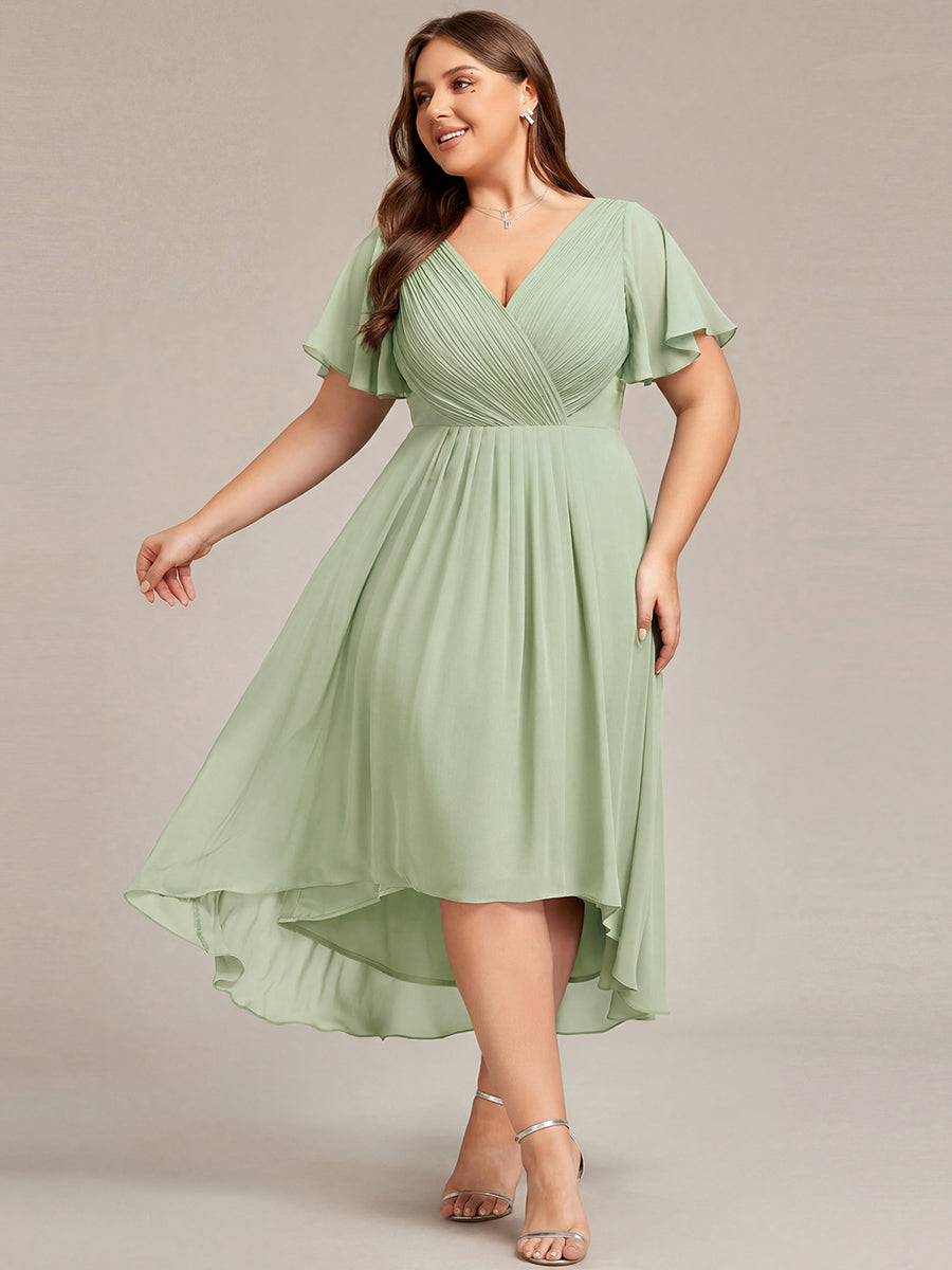 pretty FAYE|Plus Size Double V-Neck Ruffles Sleeve Chiffon Midi Wedding Guest Dress